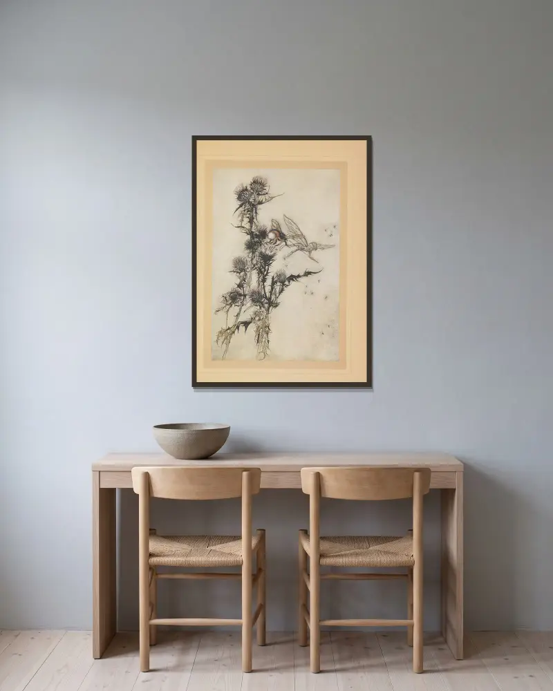 Gå och döda en humla med röda lår på spetsen av en tistel av Arthur Rackham inramad på en vägg