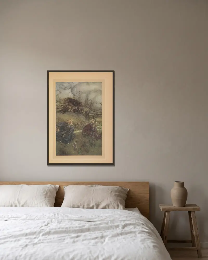 Aussi maintenant ils ne peuvent plus se rencontrer dans un bosquet ou sur une pelouse, au bord d’une claire fontaine, ou sous la lumière clignotante des étoiles, sans se quereller av Arthur Rackham inramad på en vägg