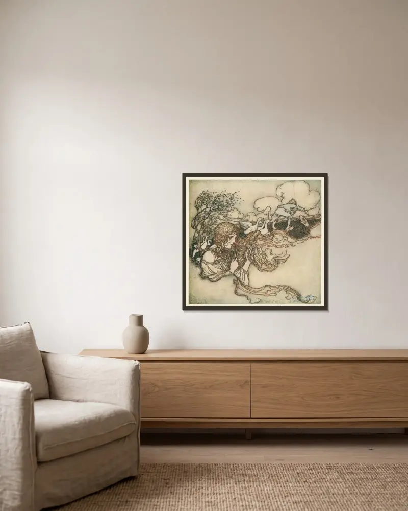 ‘Blow, blow, little breeze, And Conrad’s hat seize.’ av Arthur Rackham inramad på en vägg
