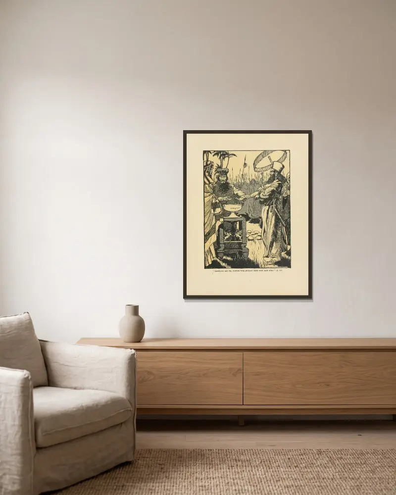 Kambyses och den arabiska kungen svor varandra trohet av Arthur Rackham inramad på en vägg