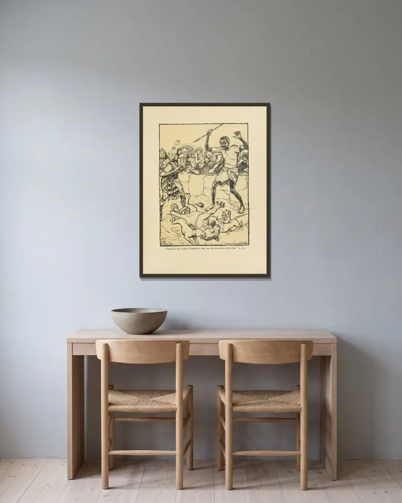 „Cambyses freute sich sehr darüber, doch seine Schwester brach in Tränen aus“ von Arthur Rackham gerahmt an einer Wand