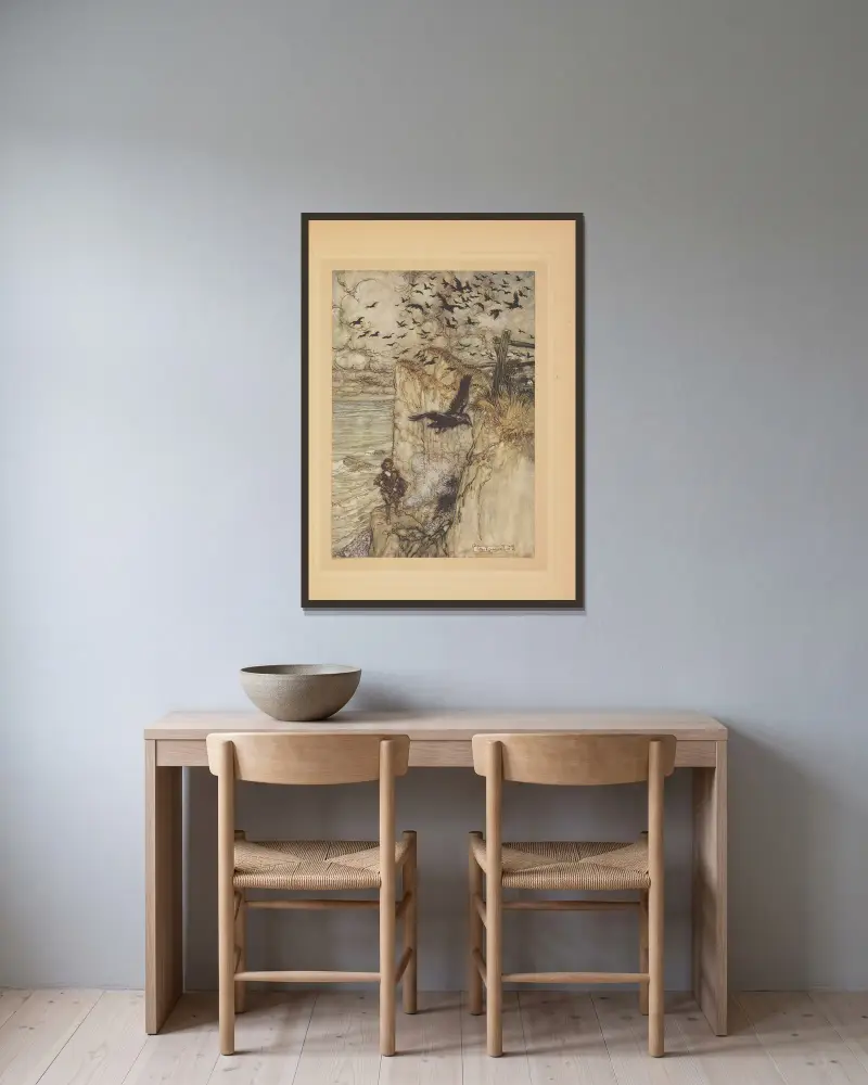 Rödhättade kråkor som vid ett gevärsskott lyfter kraxande av Arthur Rackham inramad på en vägg