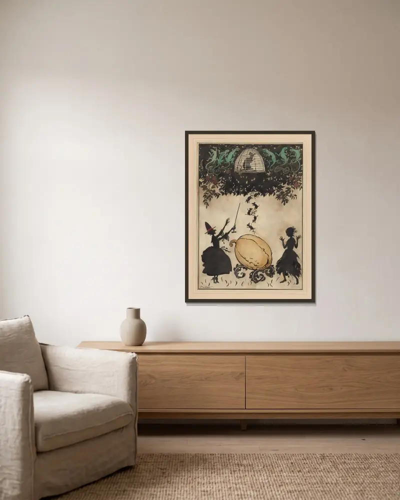 Omslagsdesign för Askungen av Arthur Rackham inramad på en vägg