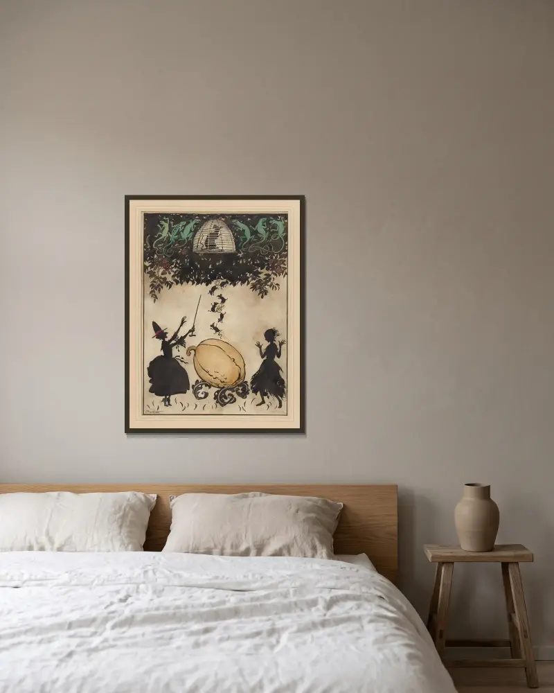 Omslagsdesign för Askungen av Arthur Rackham inramad på en vägg
