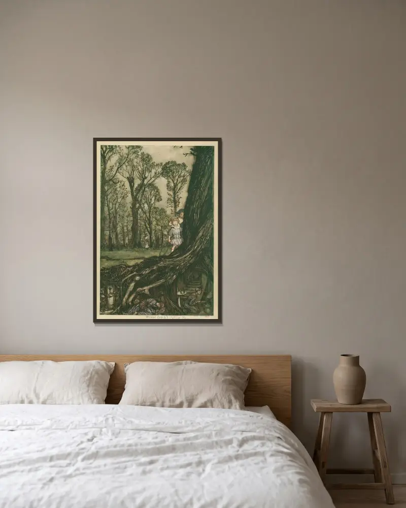 Älvor håller sig mer eller mindre gömda till skymningen av Arthur Rackham inramad på en vägg