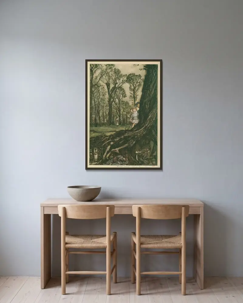 Älvor håller sig mer eller mindre gömda till skymningen av Arthur Rackham inramad på en vägg