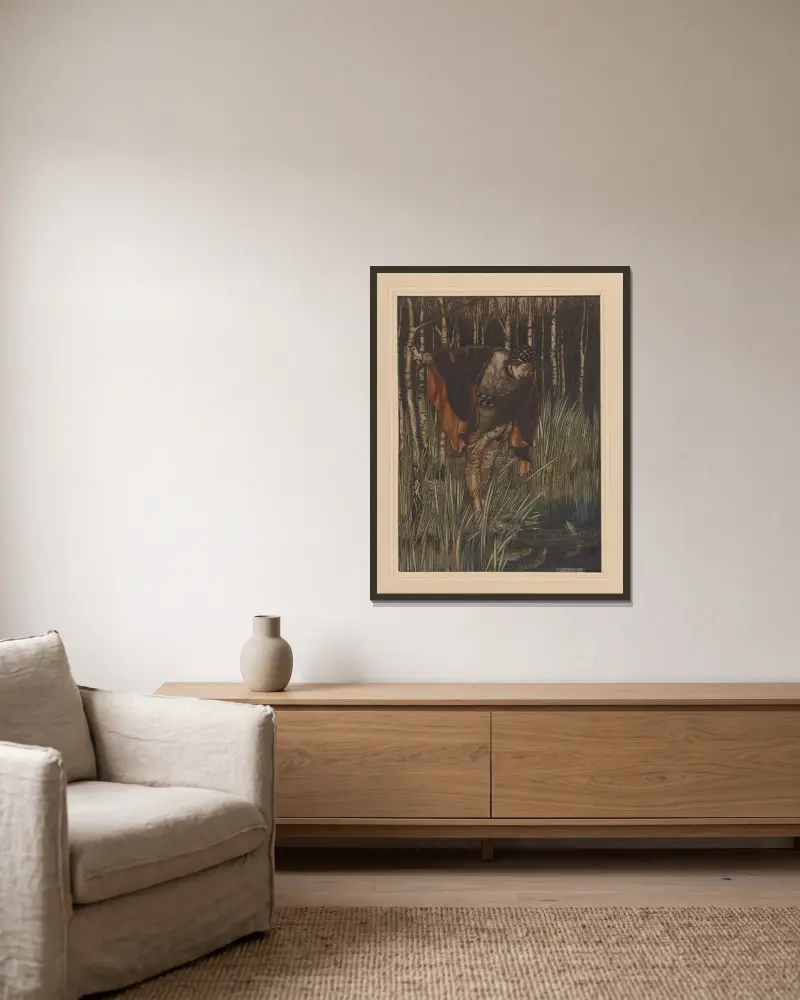 Grimms sagor. Den unge greven och fiskarna av Arthur Rackham inramad på en vägg