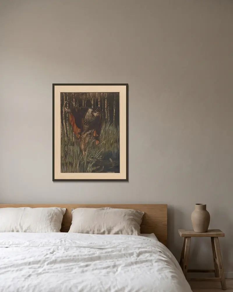 Grimms sagor. Den unge greven och fiskarna av Arthur Rackham inramad på en vägg