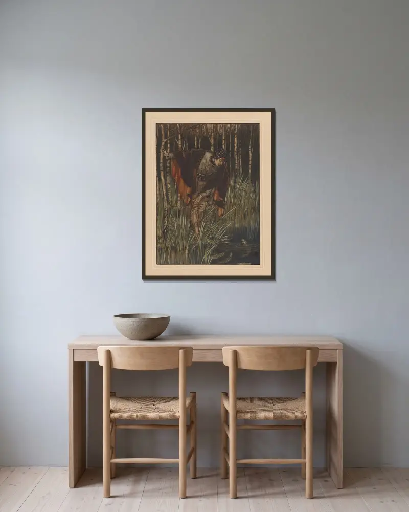 Grimms sagor. Den unge greven och fiskarna av Arthur Rackham inramad på en vägg