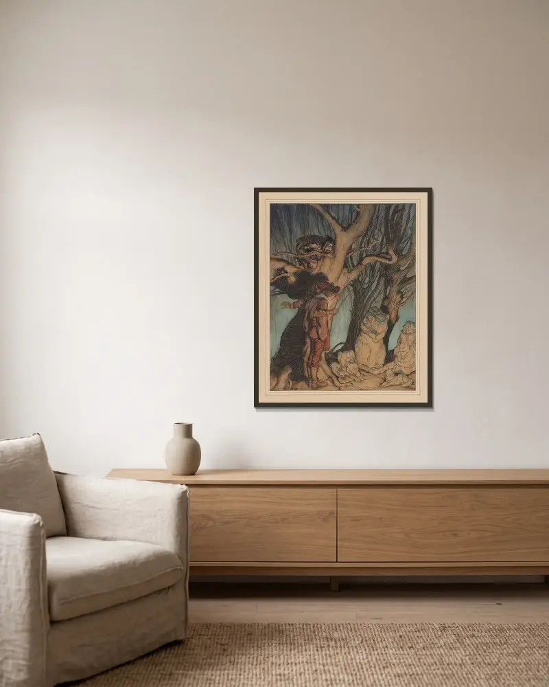 Grimms lillebror och lillasyster. ’Genast låg de stilla …’ av Arthur Rackham inramad på en vägg