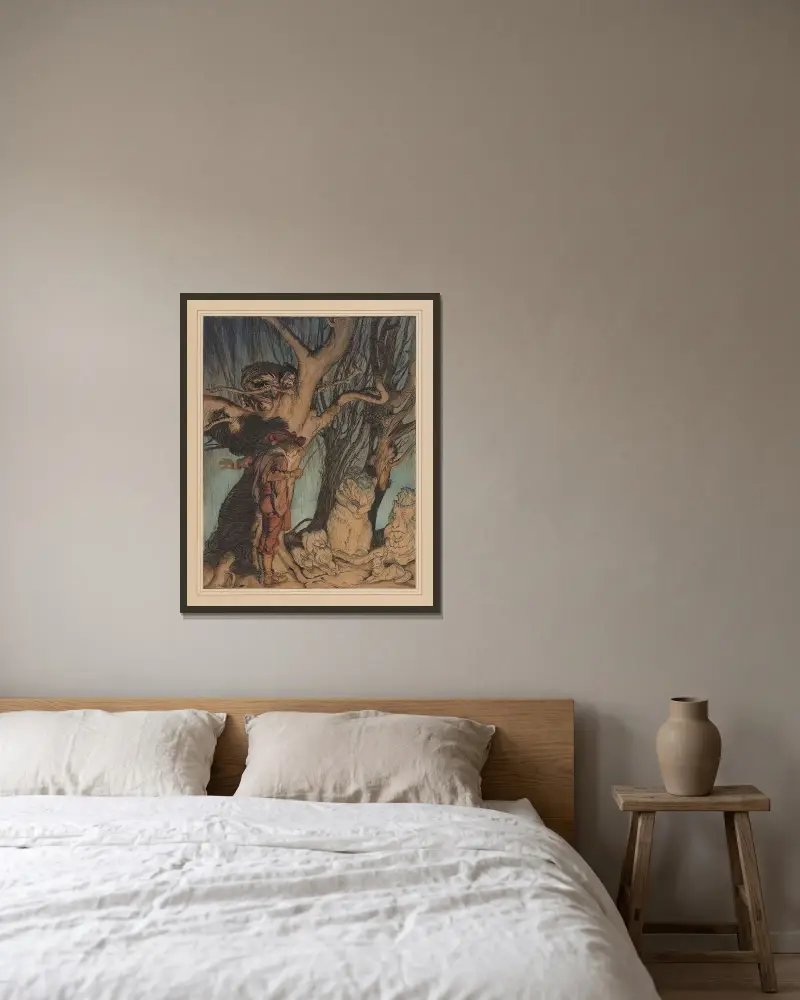 Grimms lillebror och lillasyster. ’Genast låg de stilla …’ av Arthur Rackham inramad på en vägg