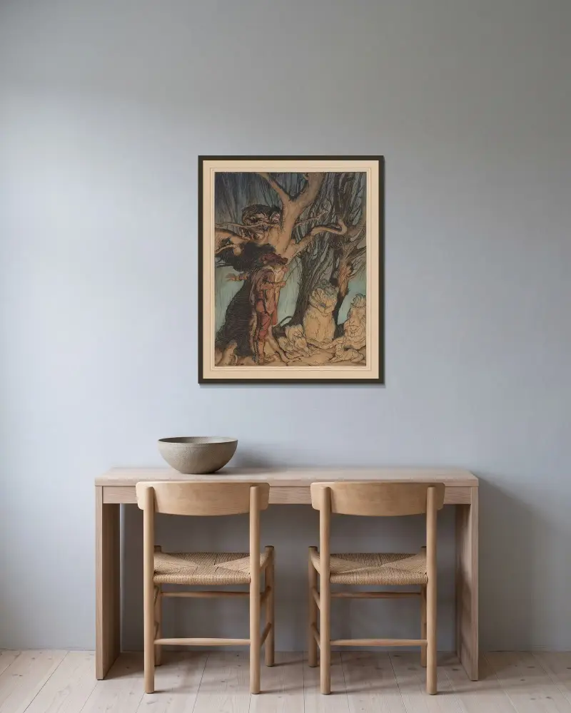 Grimms lillebror och lillasyster. ’Genast låg de stilla …’ av Arthur Rackham inramad på en vägg