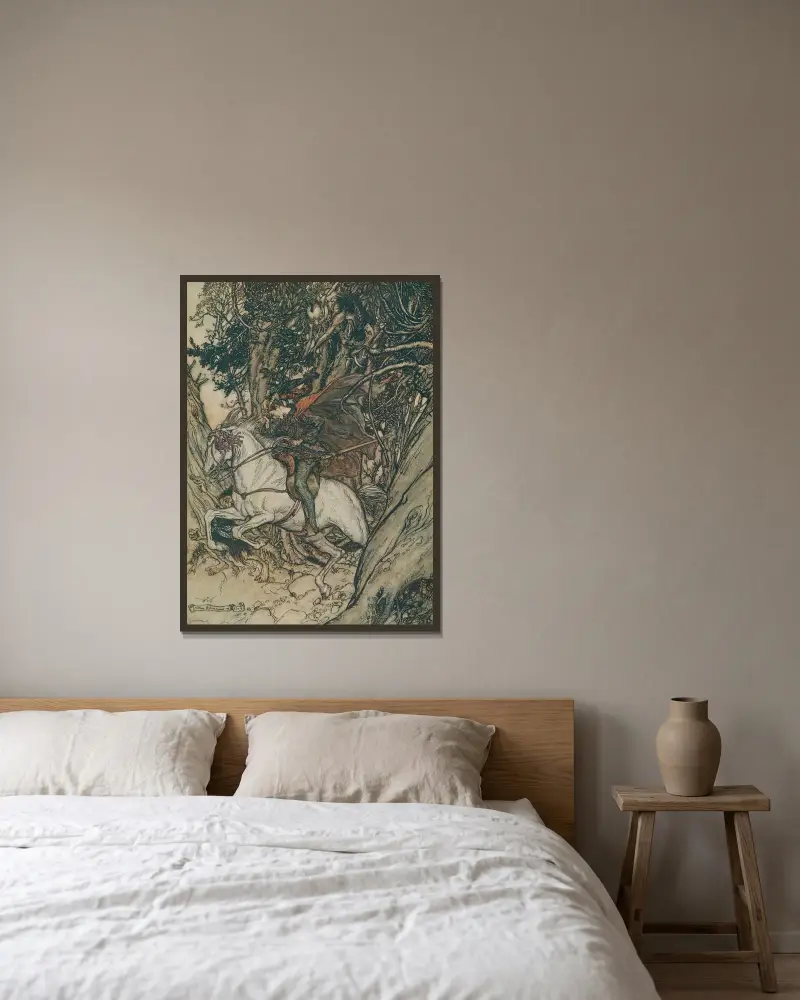 Han höll upp guldmyntet och ropade vid varje språng: 'Falskt guld! falsk mynt! falsk mynt!' av Arthur Rackham inramad på en vägg