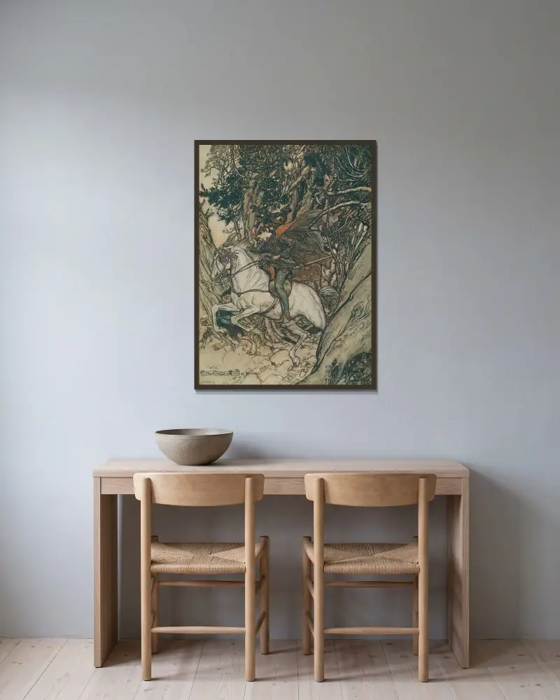 Han höll upp guldmyntet och ropade vid varje språng: 'Falskt guld! falsk mynt! falsk mynt!' av Arthur Rackham inramad på en vägg