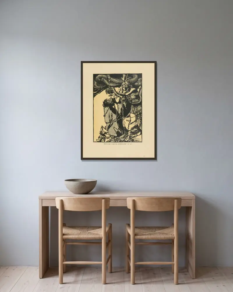 ‘Held a cup to catch the venomous drops’ av Arthur Rackham inramad på en vägg