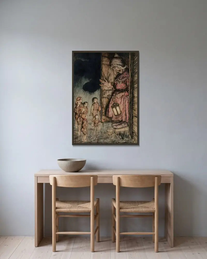 Tummeliten av Arthur Rackham inramad på en vägg