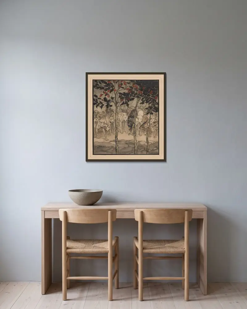 Irländska sagor. Fylld av vildhet och skräck av Arthur Rackham inramad på en vägg