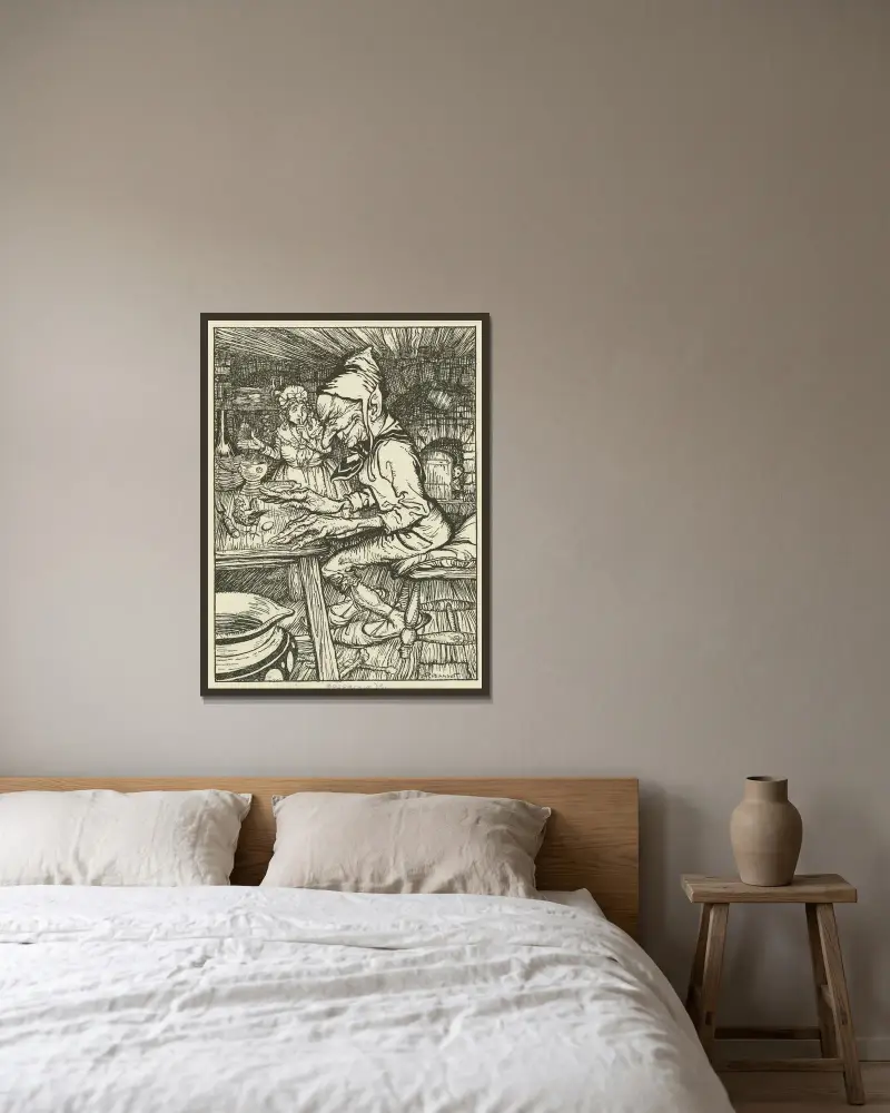 Jack smyger sig in i jättens hus av Arthur Rackham inramad på en vägg