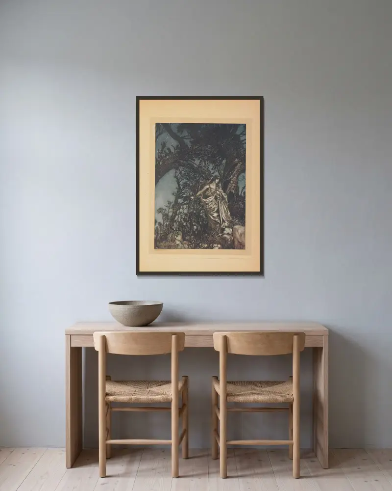 Jamais je ne fus si lasse, jamais si malheureuse av Arthur Rackham inramad på en vägg