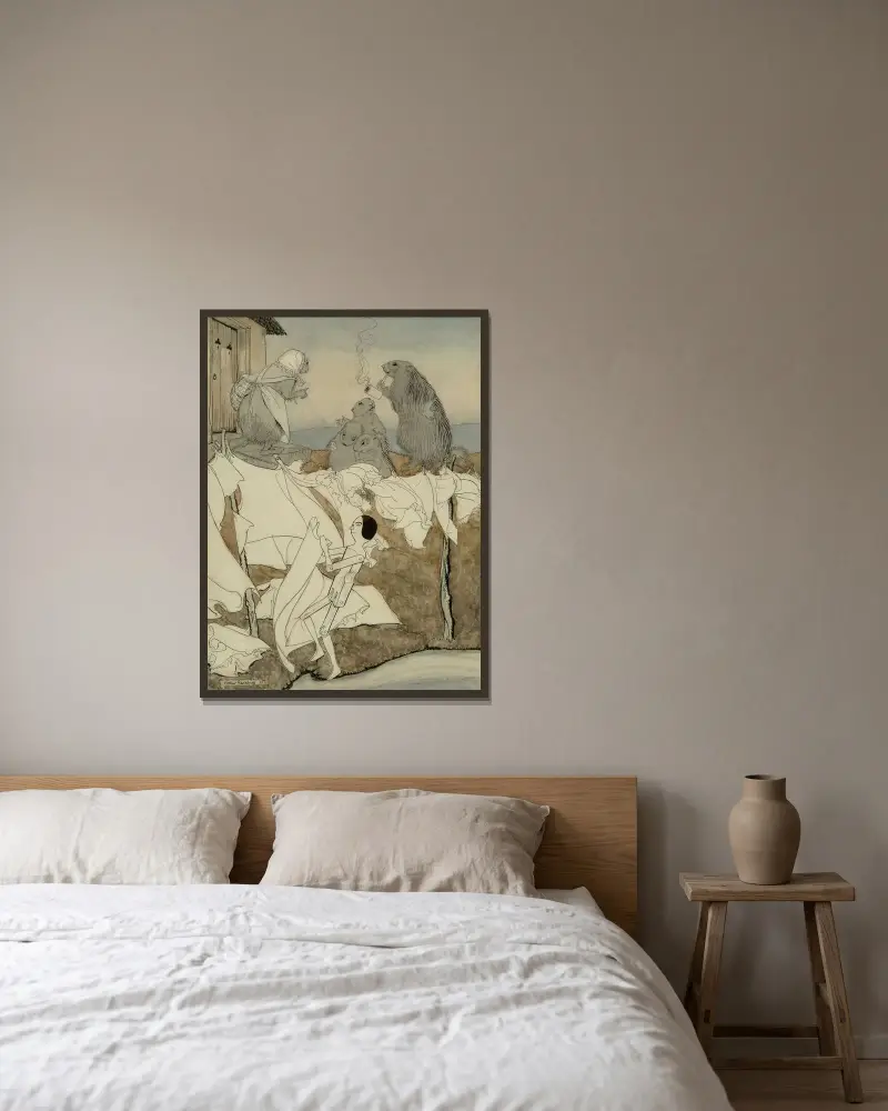 Jensina Proves a Born Housewife av Arthur Rackham inramad på en vägg