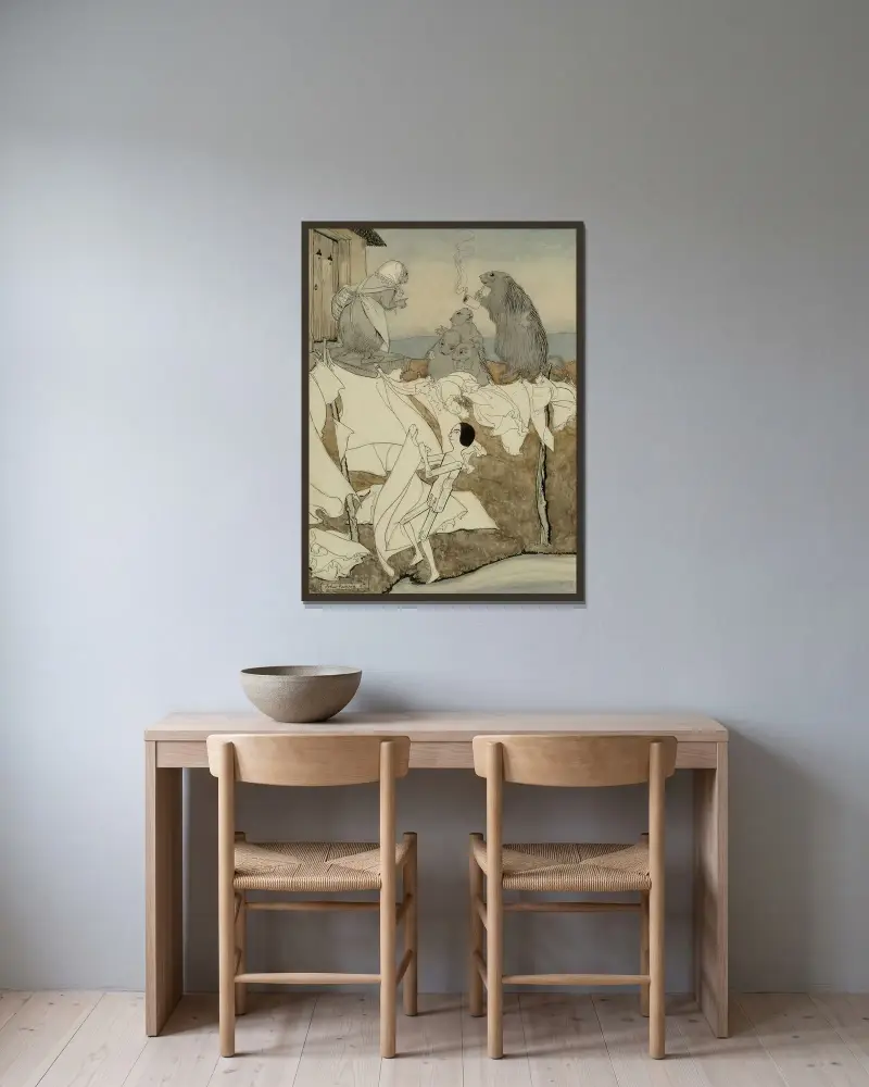 Jensina Proves a Born Housewife av Arthur Rackham inramad på en vägg