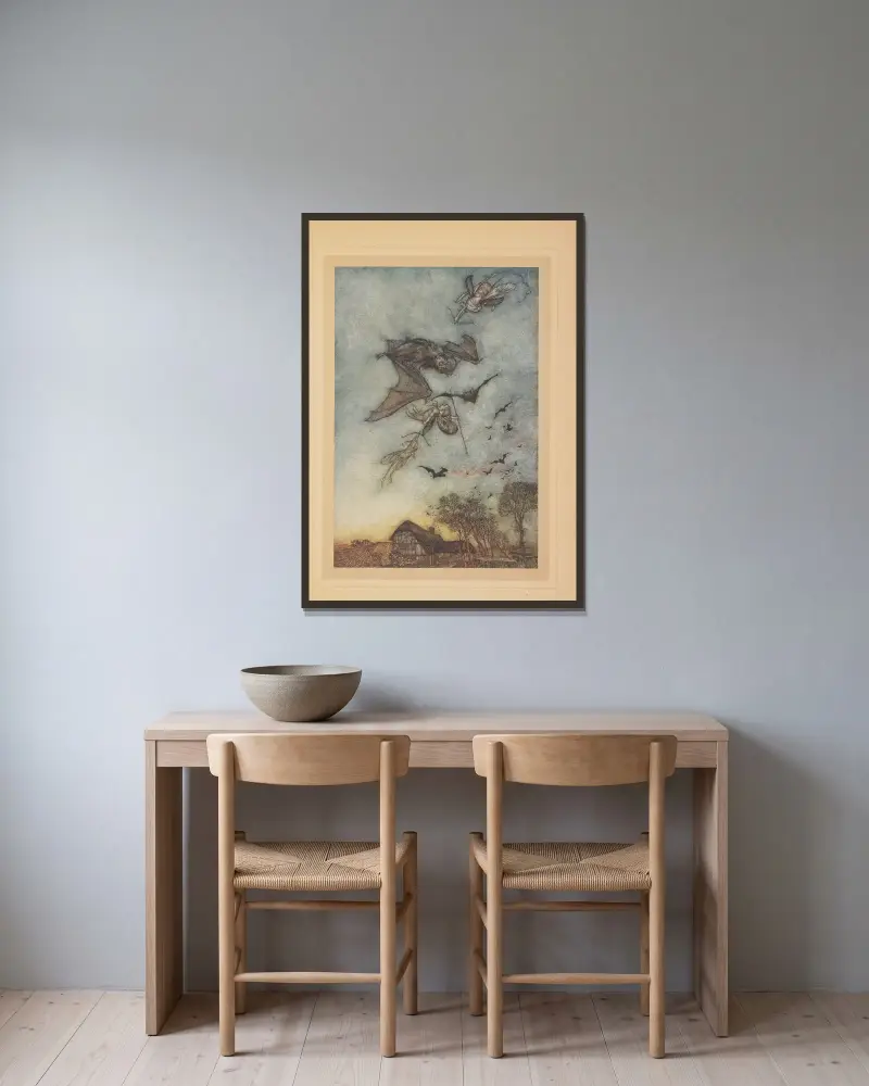 Ostatní povedou válku proti netopýrům a strhnou jim kůži z křídel, Arthur Rackham v rámu na stěně