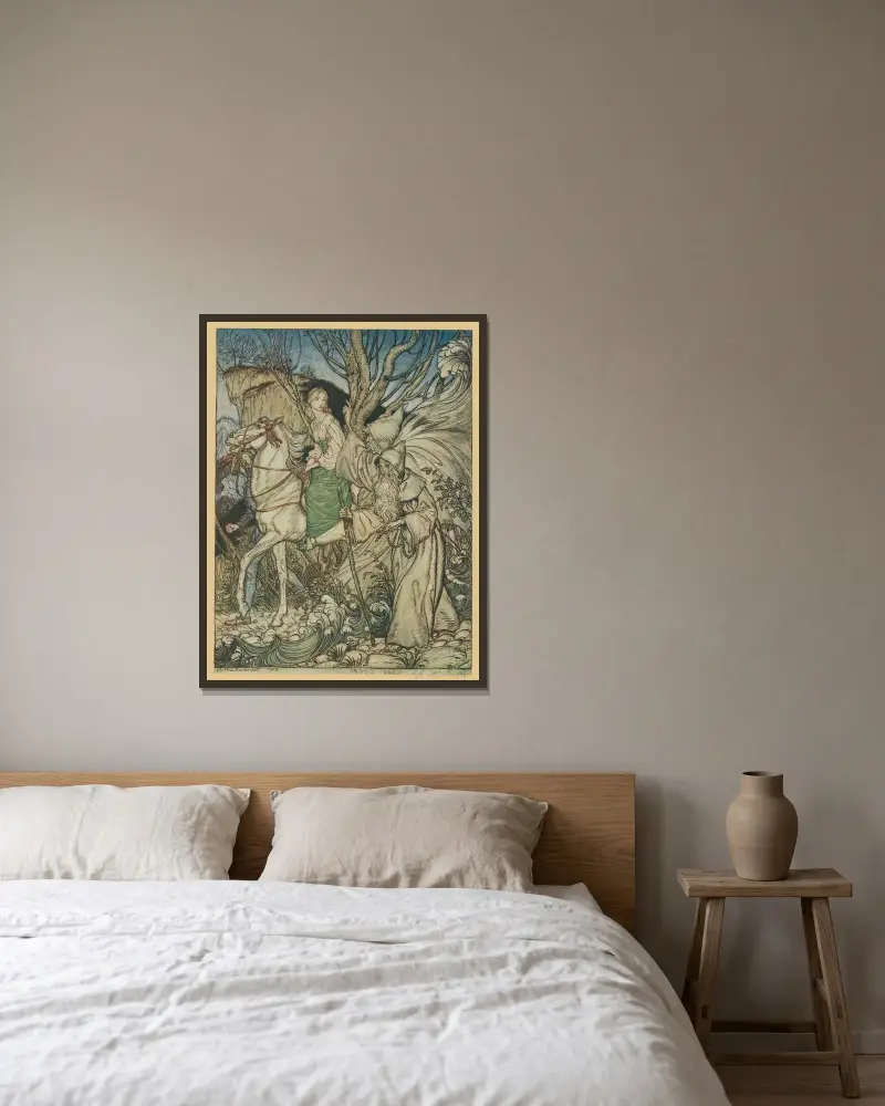 ‘Little niece,’ said Kühleborn, ‘forget not that I am here with thee as a guide.’ av Arthur Rackham inramad på en vägg
