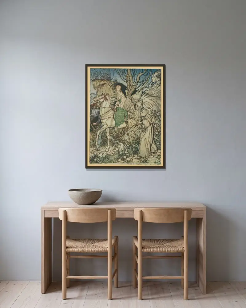 ‘Little niece,’ said Kühleborn, ‘forget not that I am here with thee as a guide.’ av Arthur Rackham inramad på en vägg