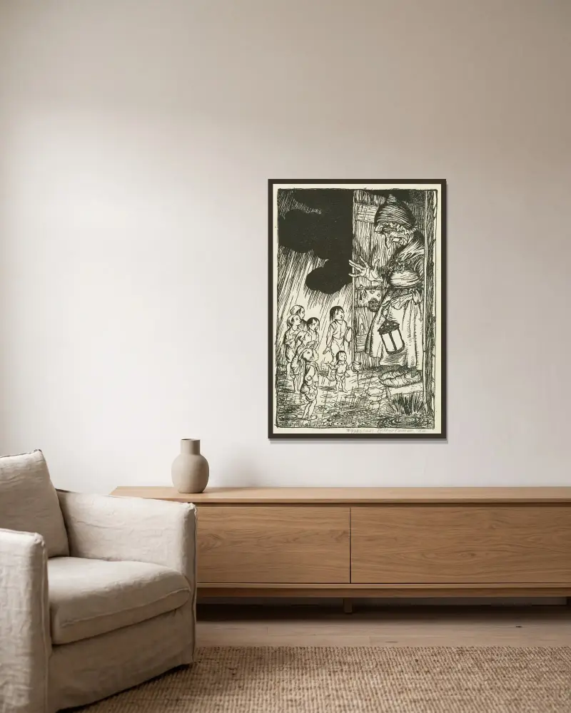 Lille Tom och hans bröder hittar hem av Arthur Rackham inramad på en vägg