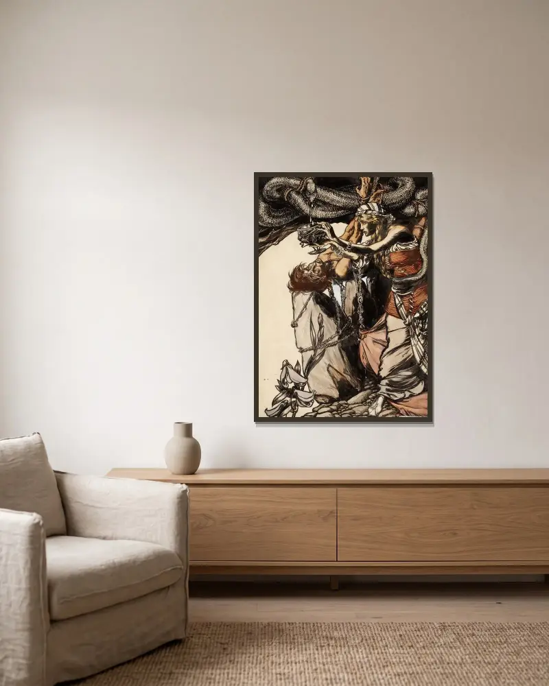 Loki und Sigyn von Arthur Rackham gerahmt an einer Wand