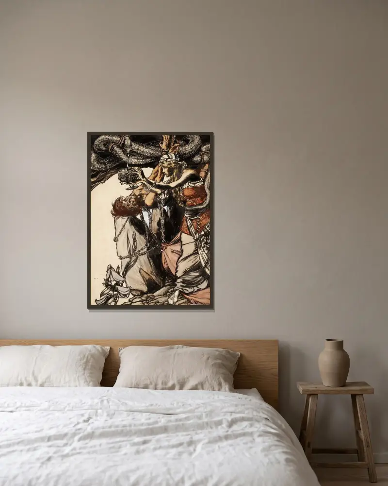 Loki und Sigyn von Arthur Rackham gerahmt an einer Wand