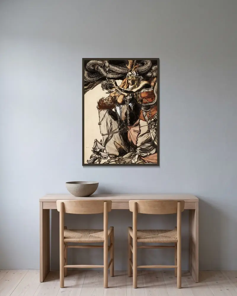 Loki und Sigyn von Arthur Rackham gerahmt an einer Wand
