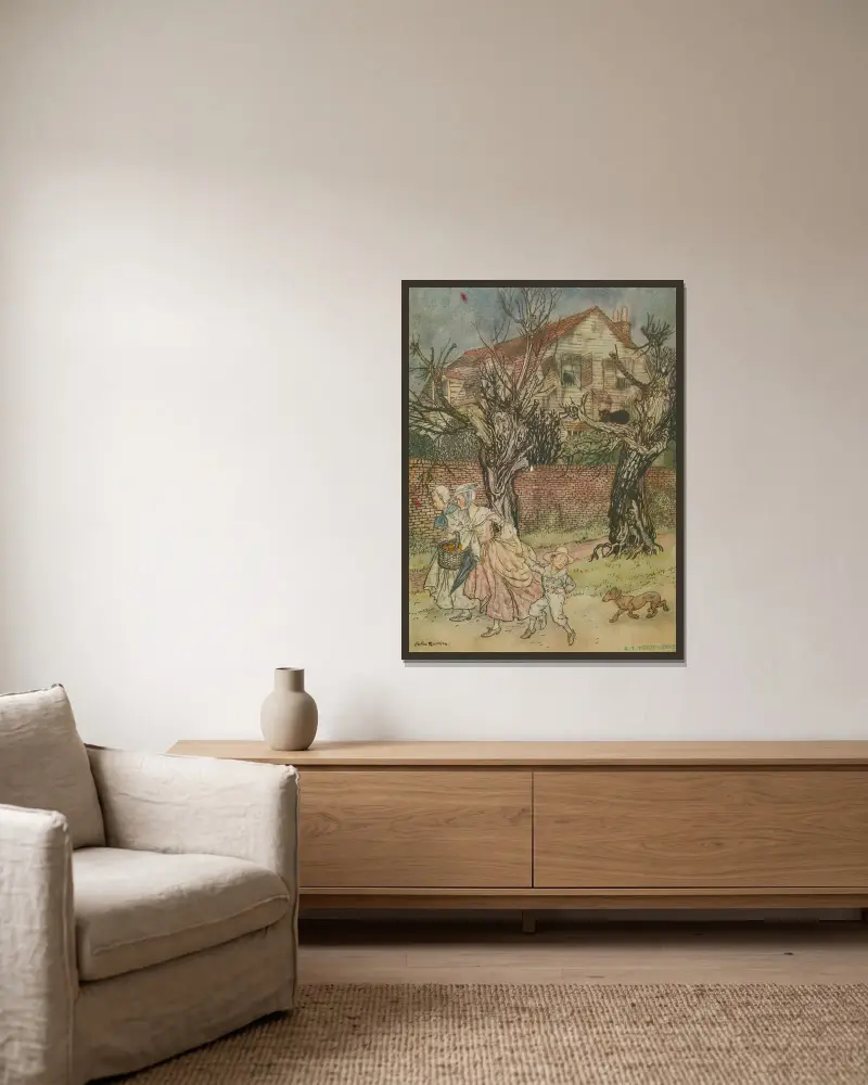 Wunderbare Geschichten von Spukfeldern, Spukbächen und Spukhäusern von Arthur Rackham gerahmt an einer Wand