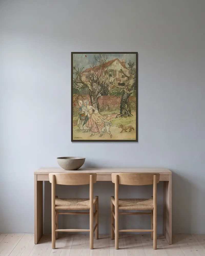 Wunderbare Geschichten von Spukfeldern, Spukbächen und Spukhäusern von Arthur Rackham gerahmt an einer Wand