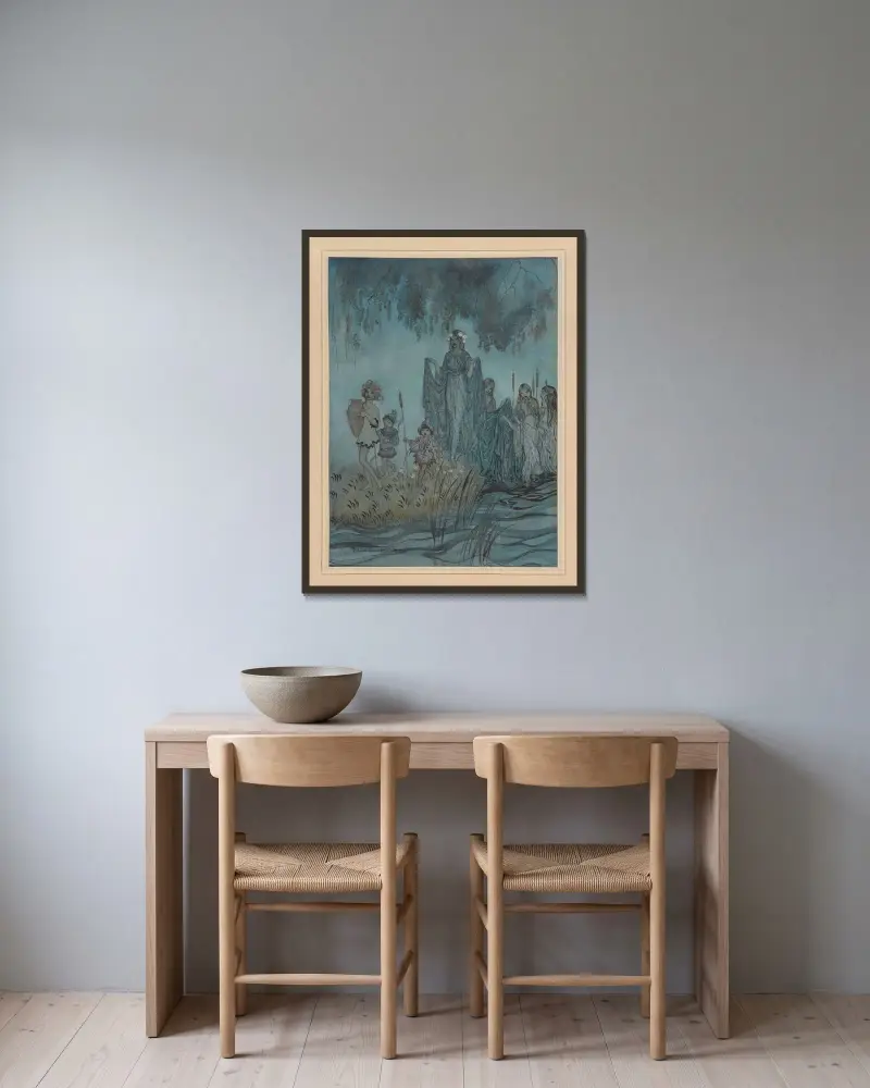 Miltons „Comus“. Sabrina erhebt sich von Arthur Rackham gerahmt an einer Wand
