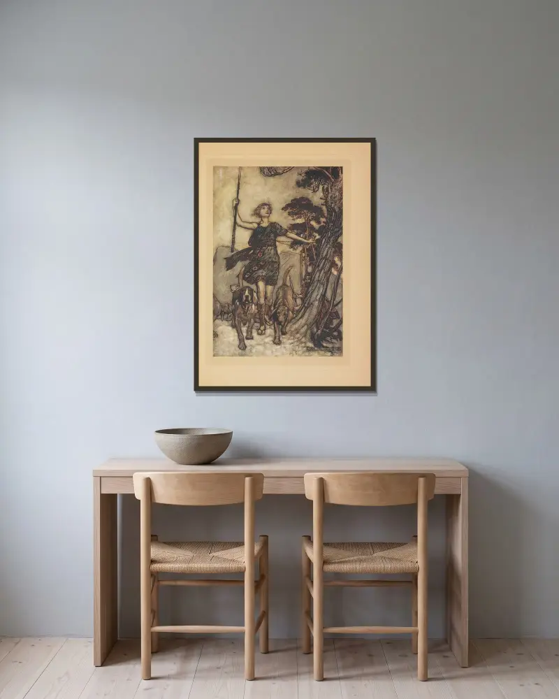 Nous irons, belle reine, sur la montagne. Nous y entendrons la musique des chiens et les réponses de l’echo entremèlés von Arthur Rackham gerahmt an einer Wand