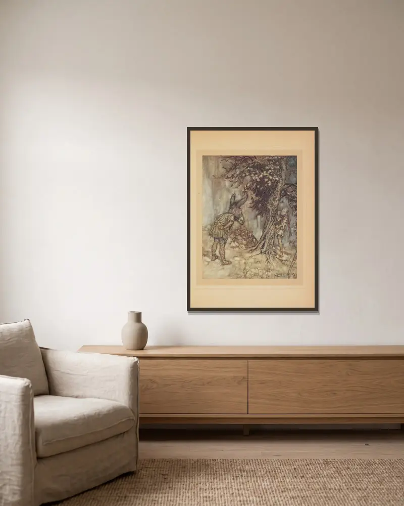 Oh! Bottom! wie du dich verändert hast! von Arthur Rackham gerahmt an einer Wand