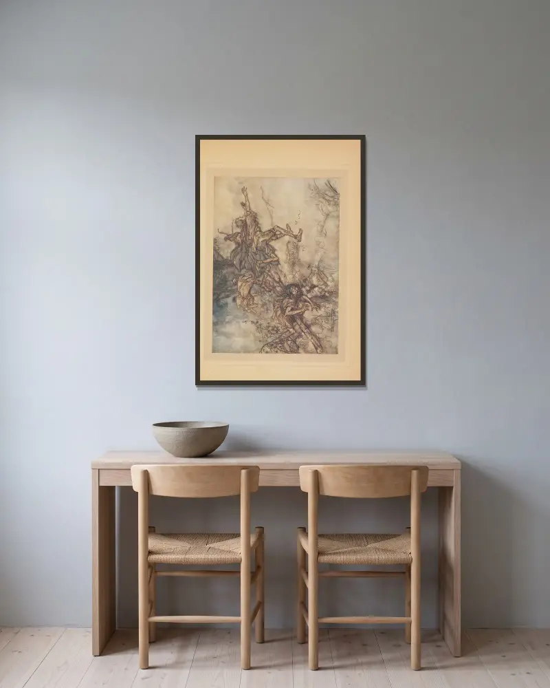 Åh! Vidunderligt! Åh! Besynnerligt! Vi är förtrollade! Låt oss be, mina herrar; låt oss fly, mina herrar. Hjälp! av Arthur Rackham inramad på en vägg
