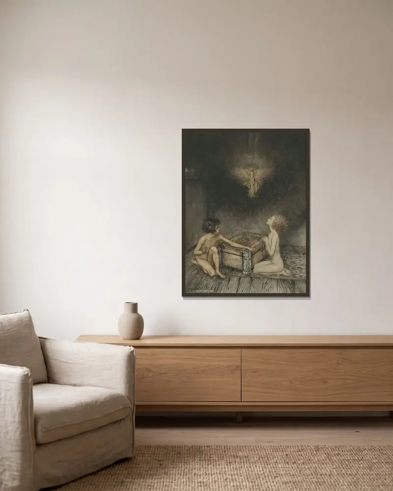 Pandora och Epimetheus av Arthur Rackham inramad på en vägg