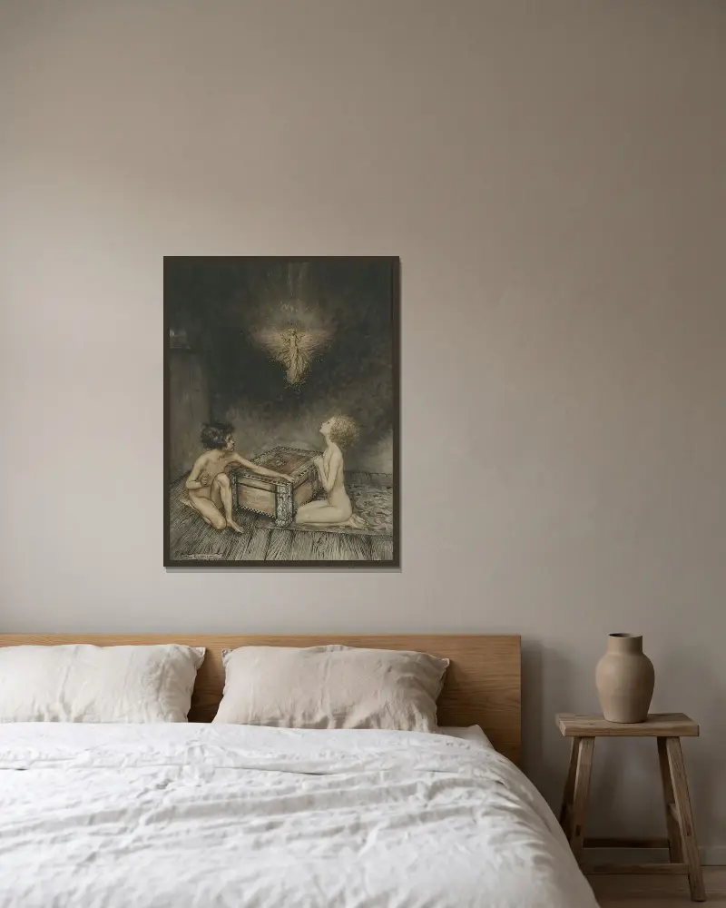 Pandora och Epimetheus av Arthur Rackham inramad på en vägg