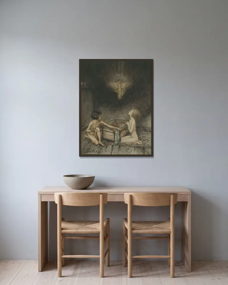 Pandora och Epimetheus av Arthur Rackham inramad på en vägg