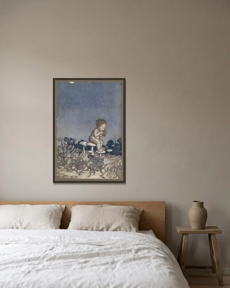Peter Pan i älvorkestern av Arthur Rackham inramad på en vägg