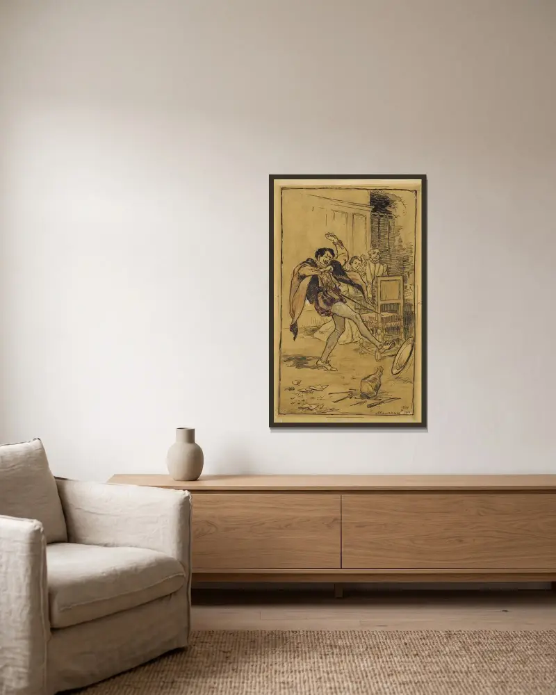 Petruchio kastar köttet på golvet av Arthur Rackham inramad på en vägg