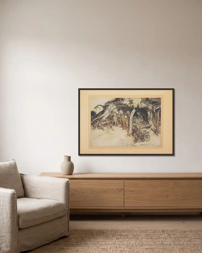Pour faire les habits de mes petits Elfes av Arthur Rackham inramad på en vägg