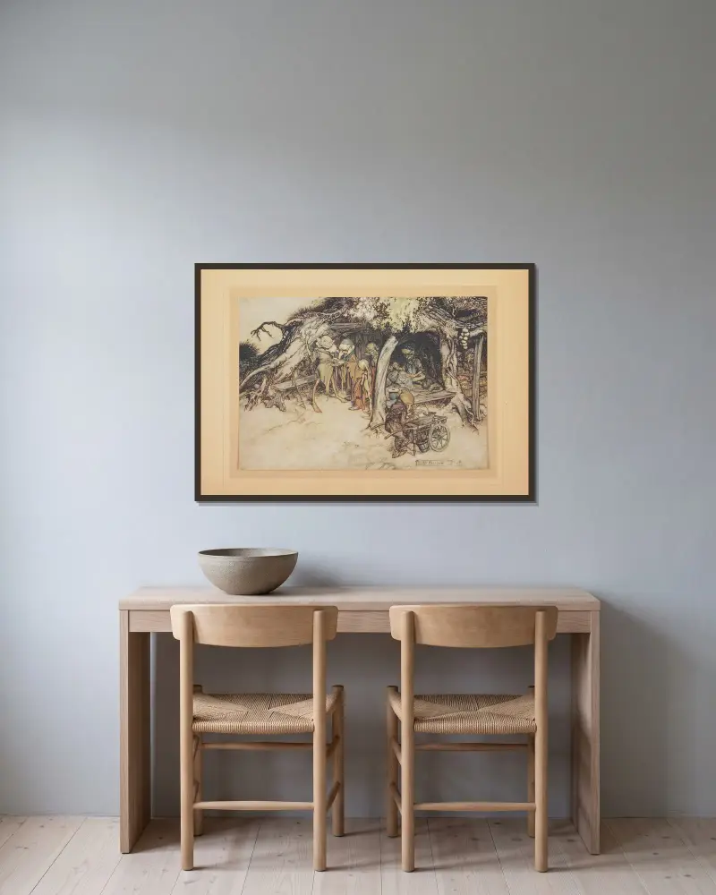 Pour faire les habits de mes petits Elfes av Arthur Rackham inramad på en vägg