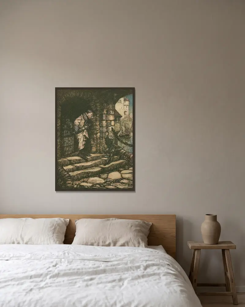 Mästerkatten i stövlar av Arthur Rackham inramad på en vägg