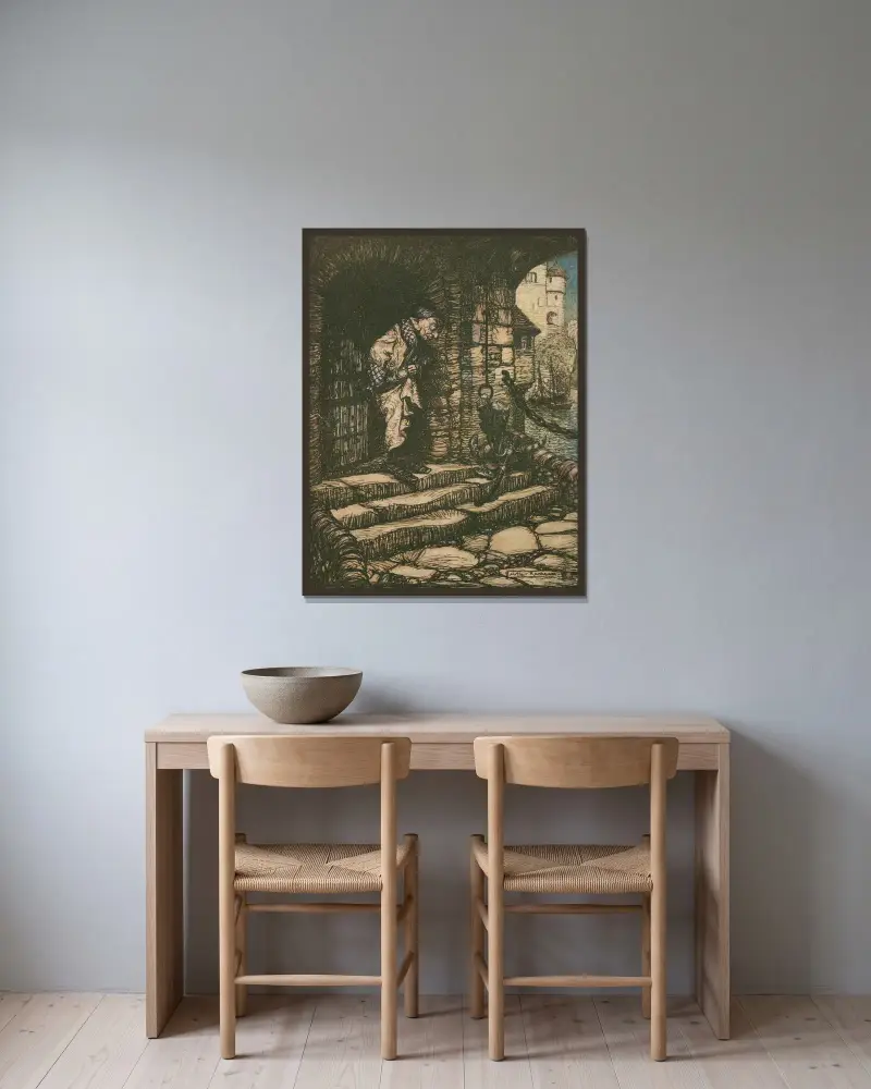 Mästerkatten i stövlar av Arthur Rackham inramad på en vägg