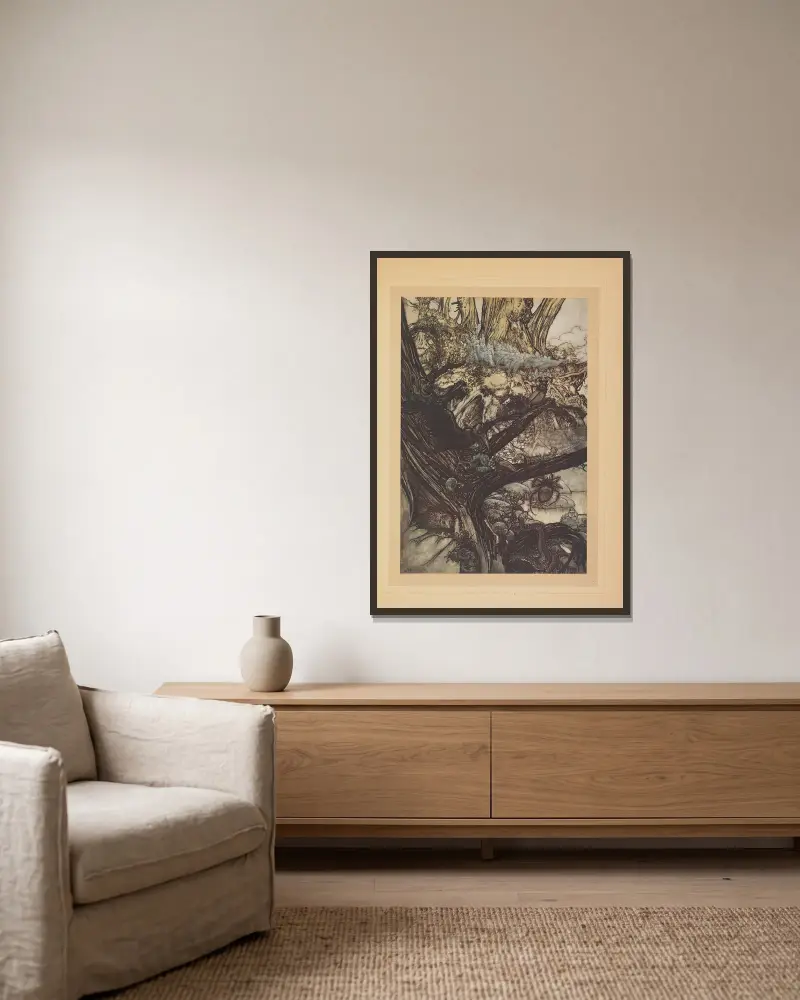 Que jamais malheur, maléfice, ni charme ne s'approche de noire aimable reine von Arthur Rackham gerahmt an einer Wand