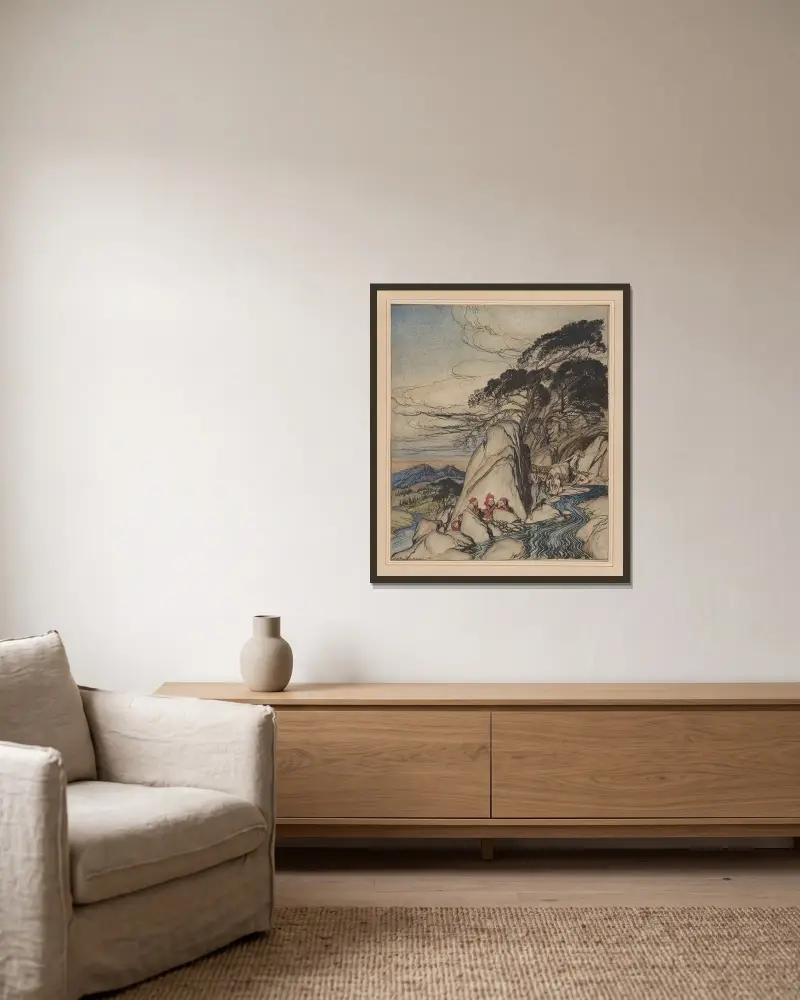 Rip van Winkle. Dessa sagoberg av Arthur Rackham inramad på en vägg