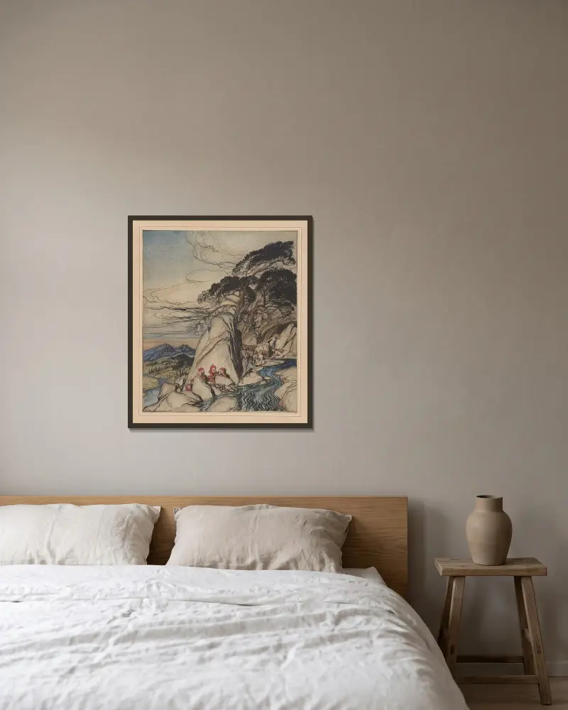 Rip van Winkle. Dessa sagoberg av Arthur Rackham inramad på en vägg
